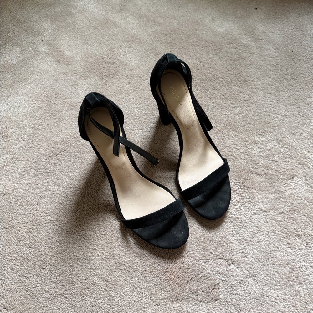 Aldo Black Suede Block Heel Ankle Strap Sandals - Picture 2 of 6